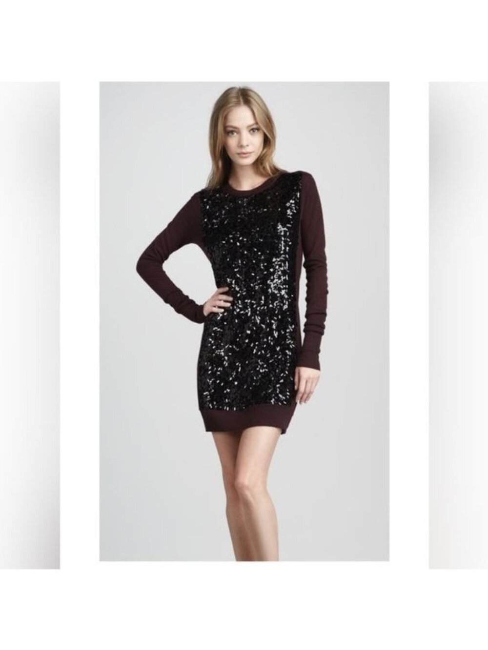 Diane Von Furstenberg Danette Sequin Burgundy Bodycon wool Sweater Dress Medium